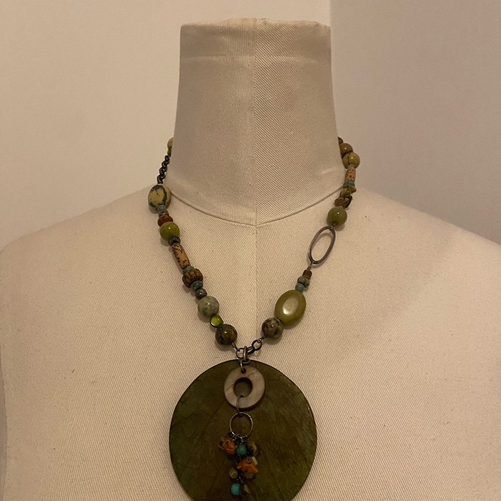 Premier Designs Green and Brown Necklace with Unique Pendant